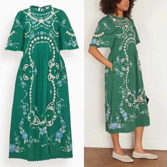 SEA New York Vesna Embroidered Midi Dress Green Floral Cotton Linen Size Small - Picture 10 of 16